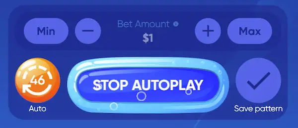 Interfaz de Bubbles con función de reproducción automática y apuesta de $1